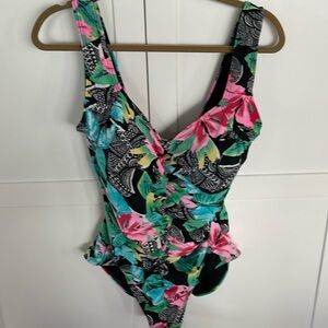 Island Pearl One piece Swimsuit - size 14. Green, pink, blue and black.